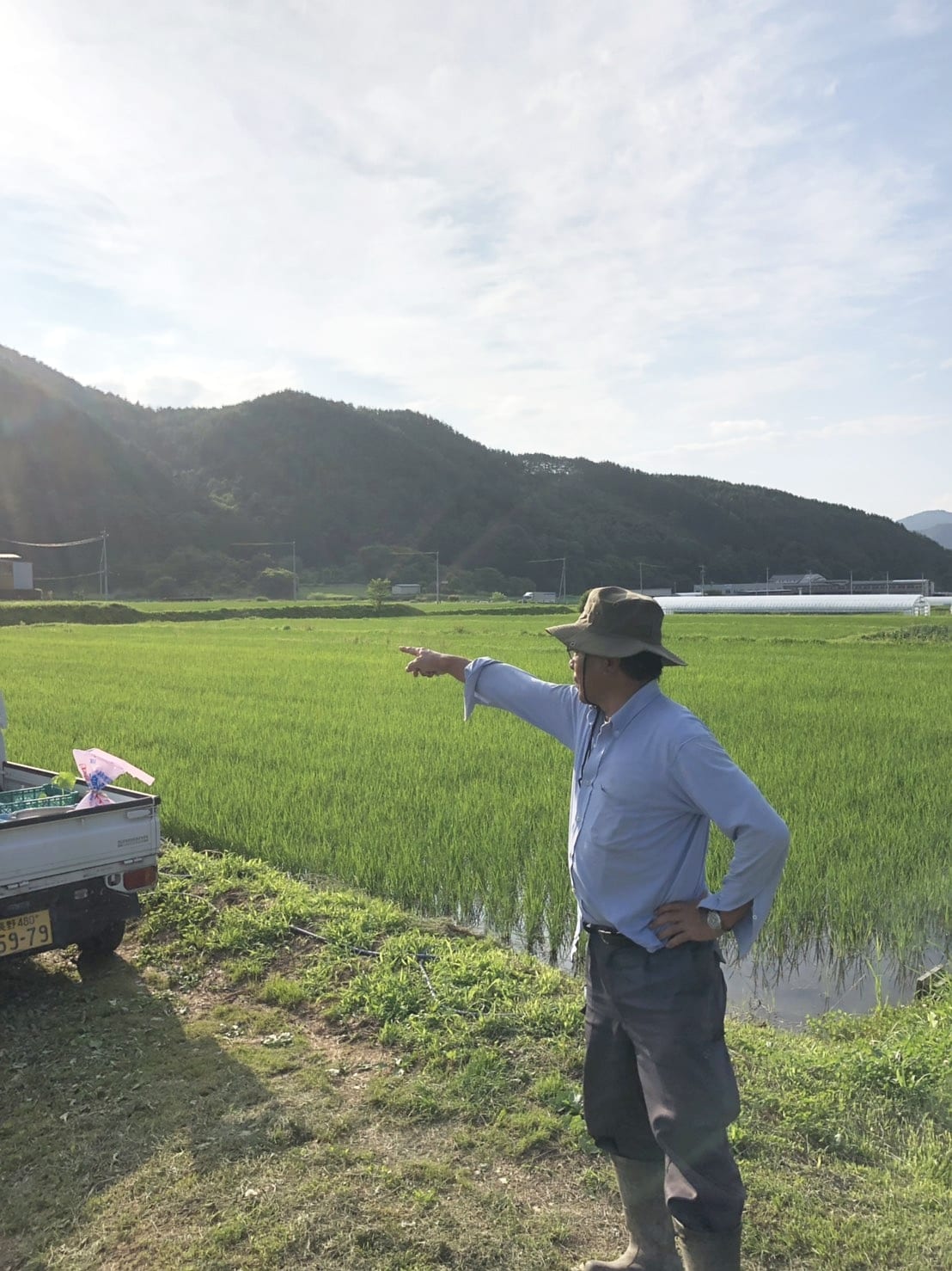 両角農園：水田を案内する両角農園の生産者